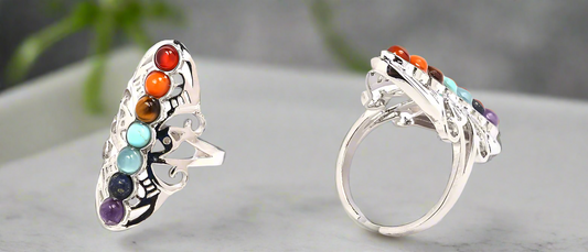 Silver ring with colorful gemstones on a white background