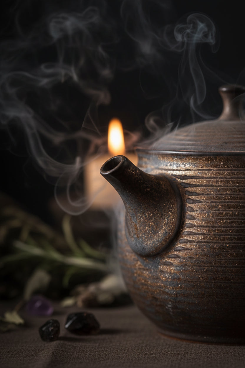Bronze teapot with textured surface on a dark background