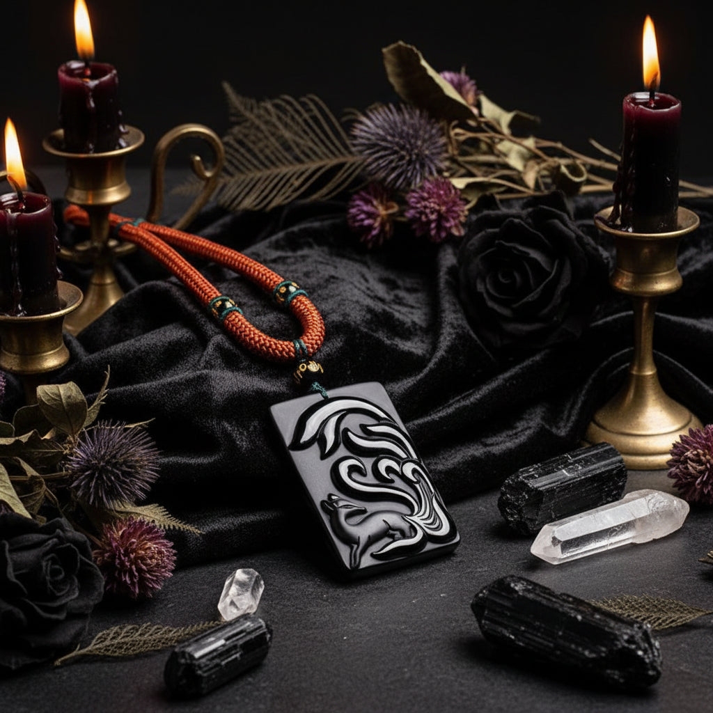 Black pendant with dragon design on a red and black cord against a white teapot.