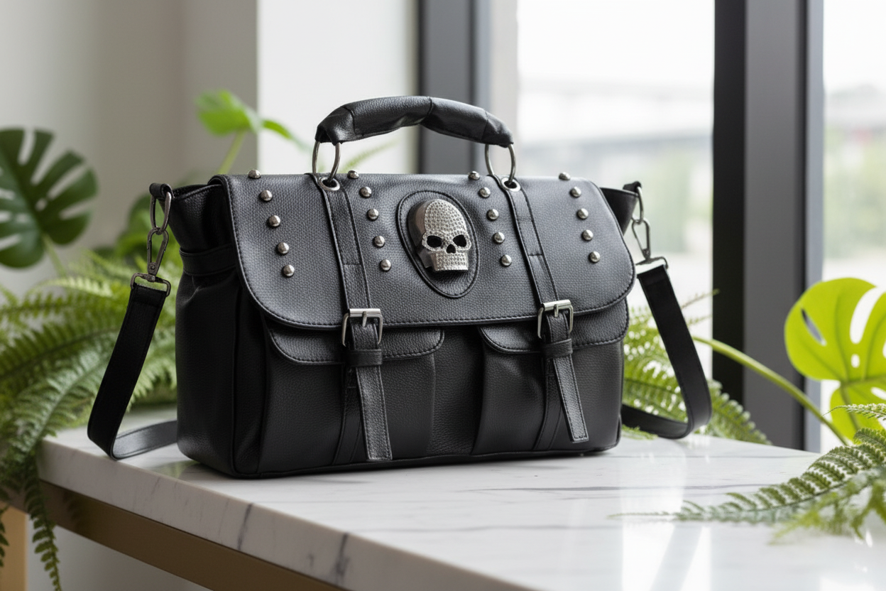 Black leather bag with skull emblem on a white background
