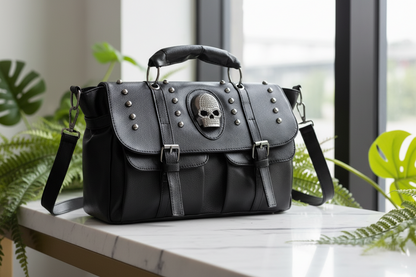 Black leather bag with skull emblem on a white background