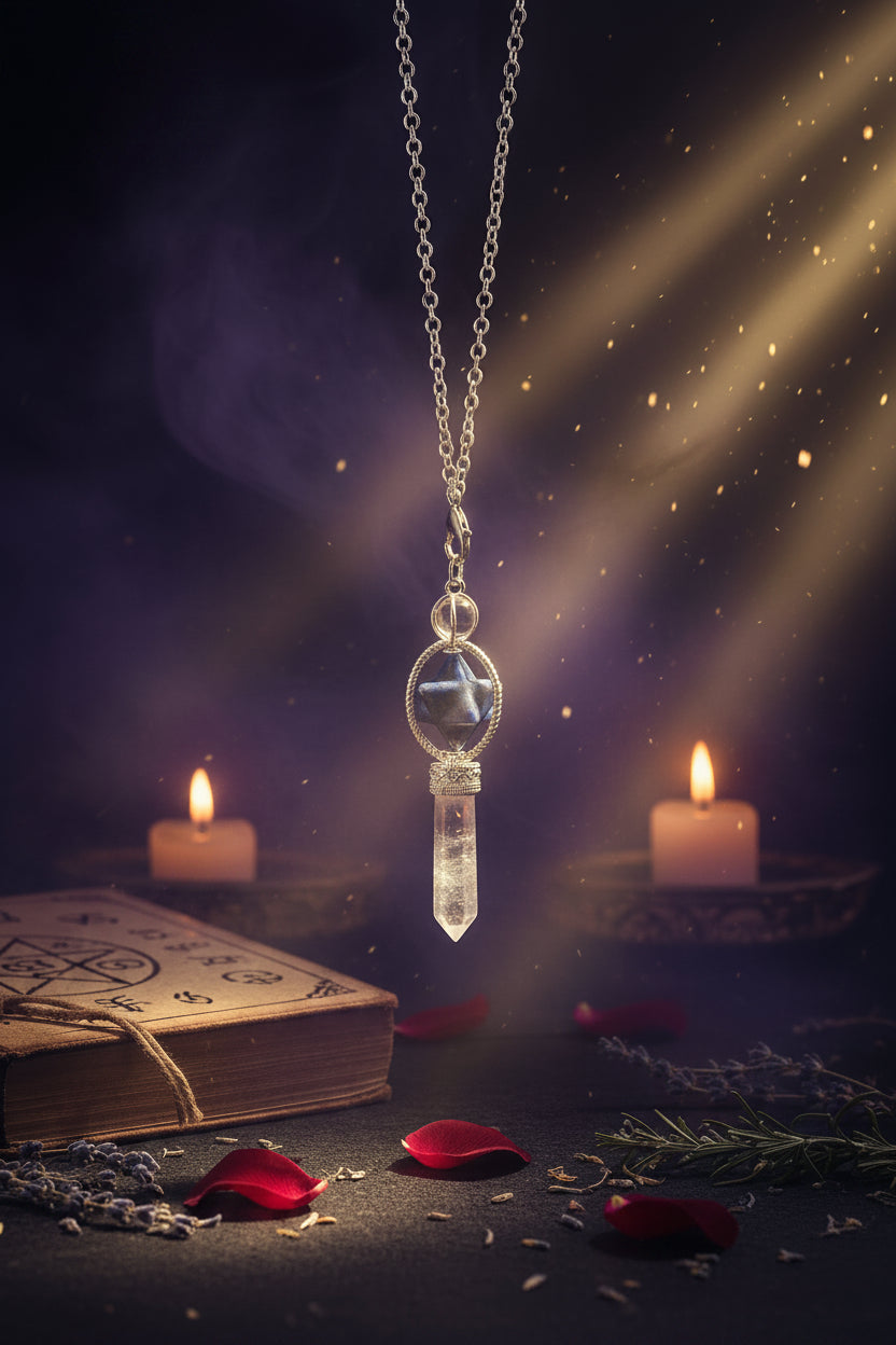 Crystal pendant necklace with silver chain on a black background