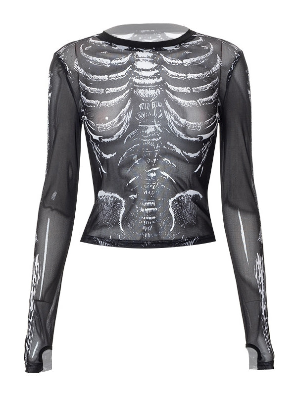 Women's Skull Print Mesh Long Sleeve Crop Top