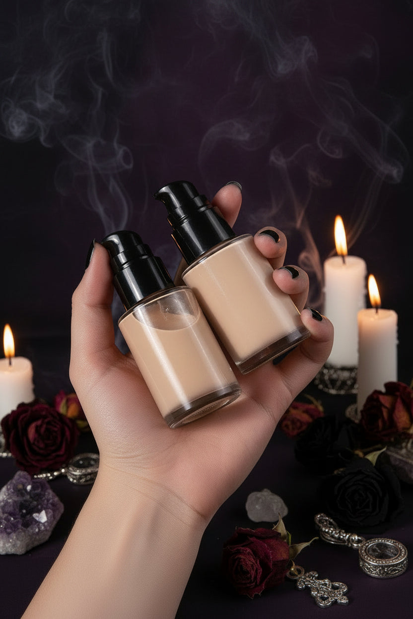 Hand holding two bottles of 'Moist Flawless' foundation with a blue background
