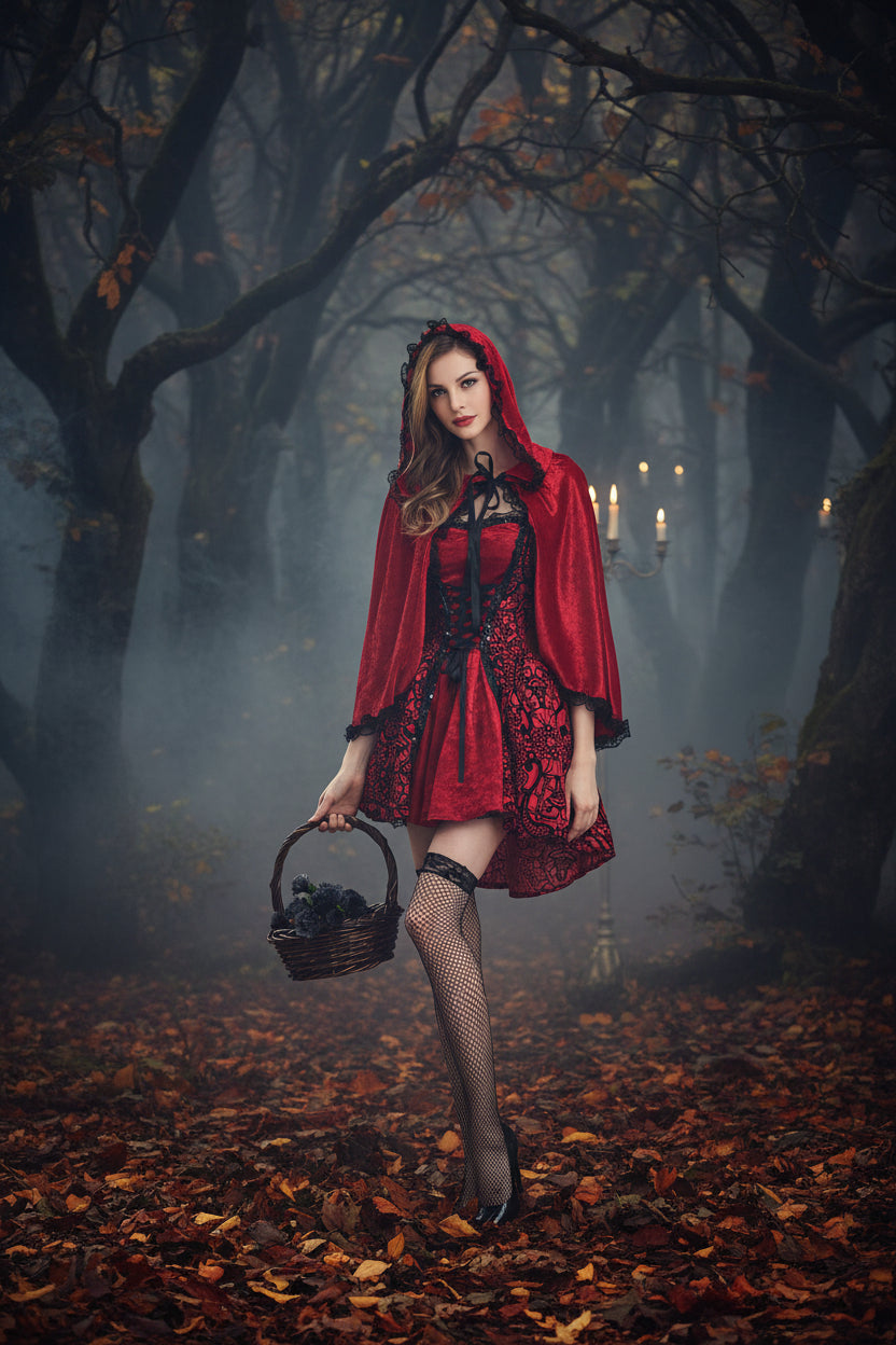 Person wearing a red and black costume with a hood, holding a basket.