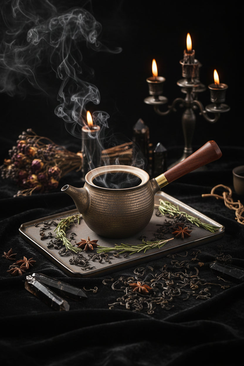Person adding tea leaves to a ceramic teapot on a dark surface