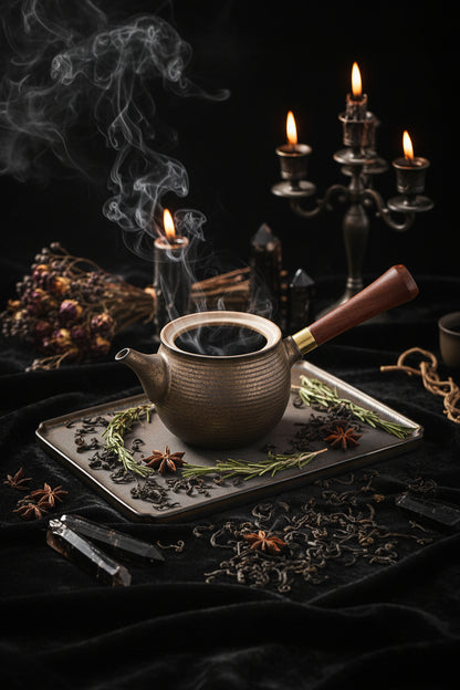 Person adding tea leaves to a ceramic teapot on a dark surface