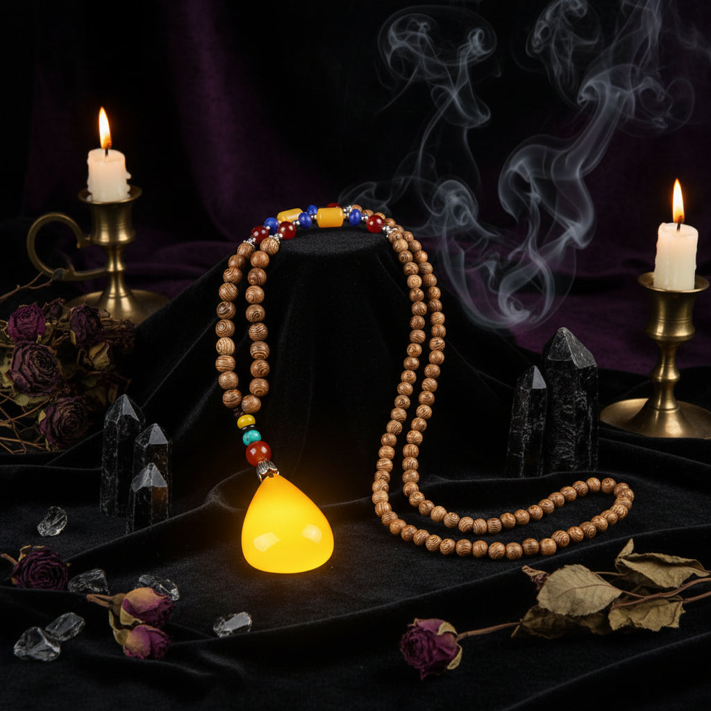 Tea pot with a beaded necklace featuring a yellow pendant on a textured brown background