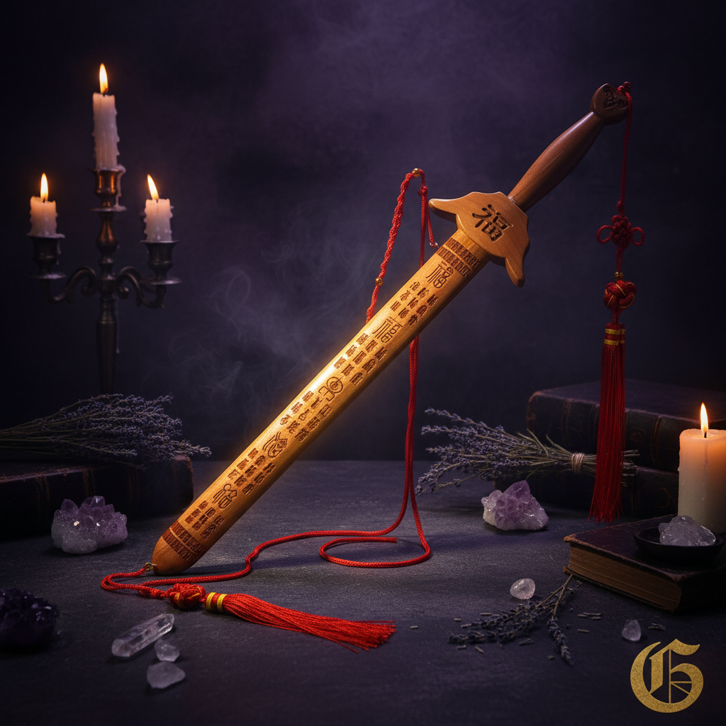 Wooden sword with red tassels and text, 58cm long, on a white background