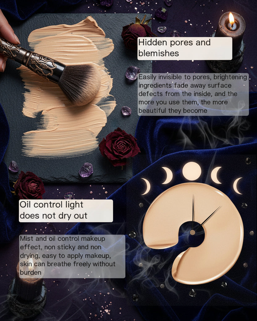 Makeup product with text describing its effects on pores and blemishes, and oil control properties.
