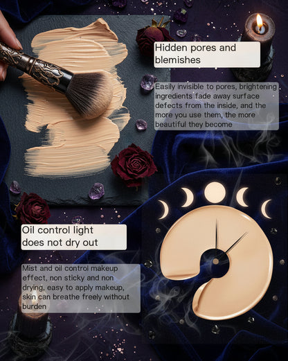 Makeup product with text describing its effects on pores and blemishes, and oil control properties.