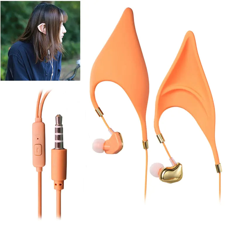 Orange elf earbud headphones with gold accents on a white background, inset of a person wearing them.