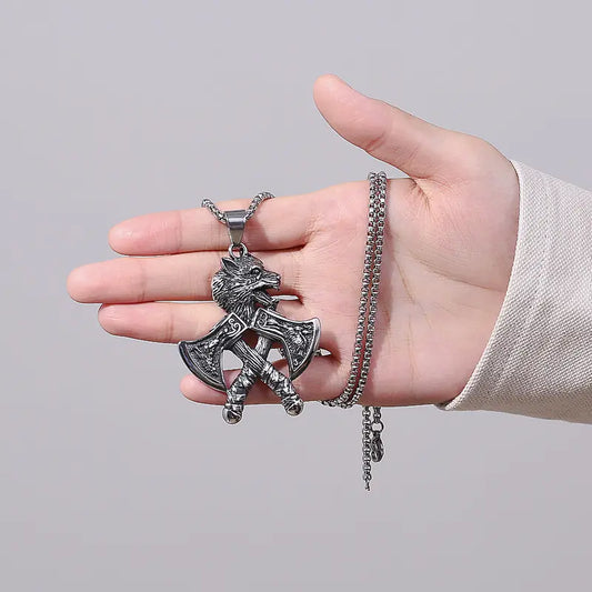 Vintage Nordic Necklace | Viking Wolf & Axe