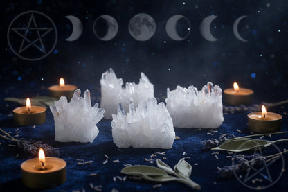 Set of crystal formations on a dark surface with a blurred background