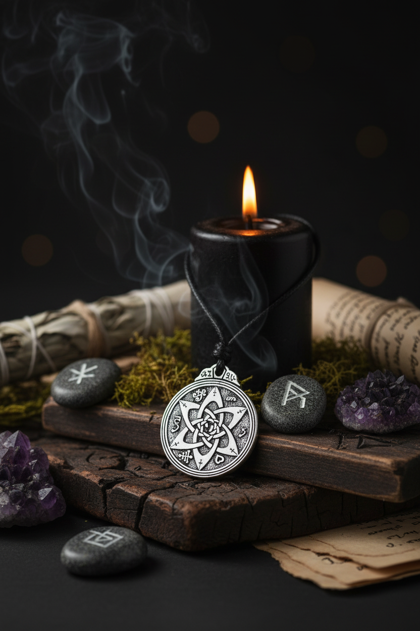Celtic knot pendant on a black cord against a white background