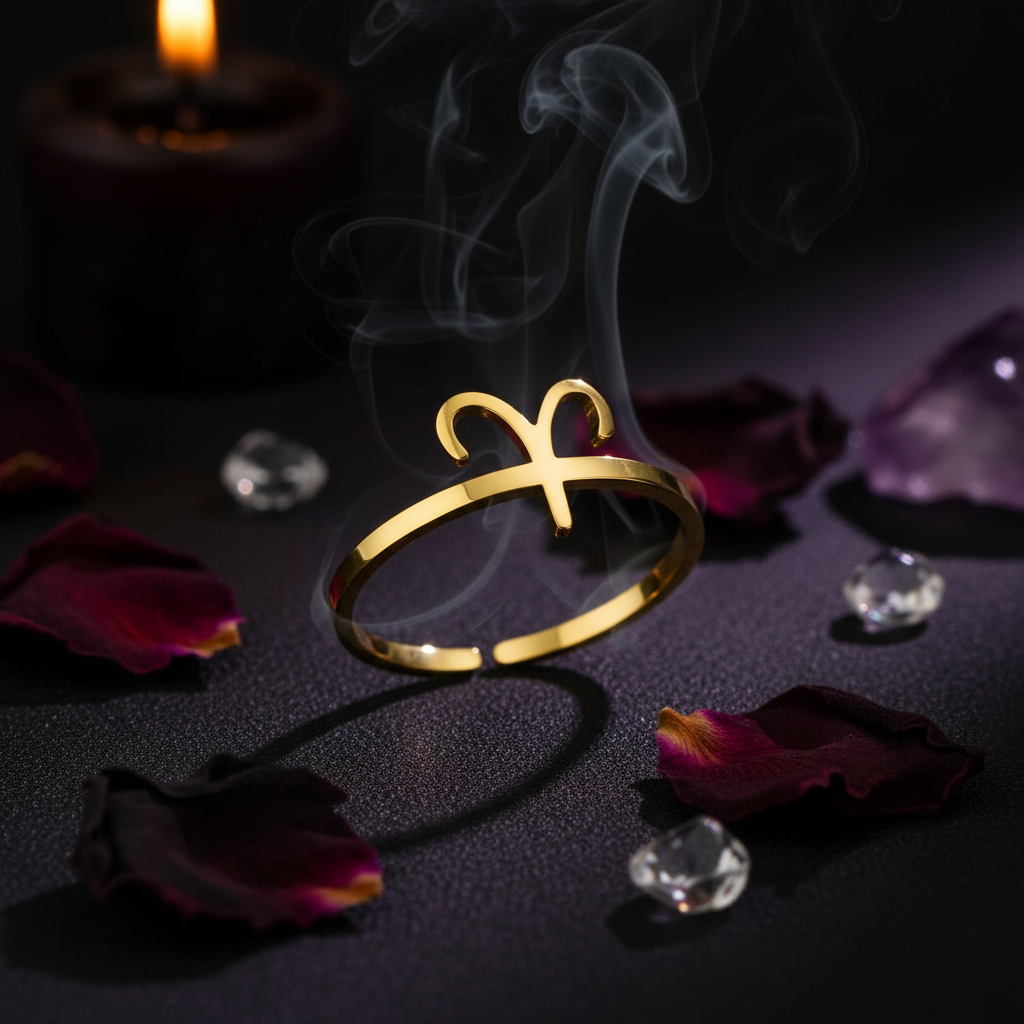 Gold ring with Aries symbol on a white background