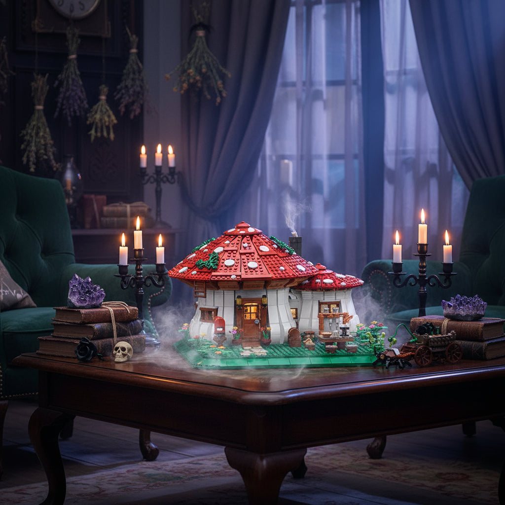 Toy mushroom house with red roof and white spots on a colorful background