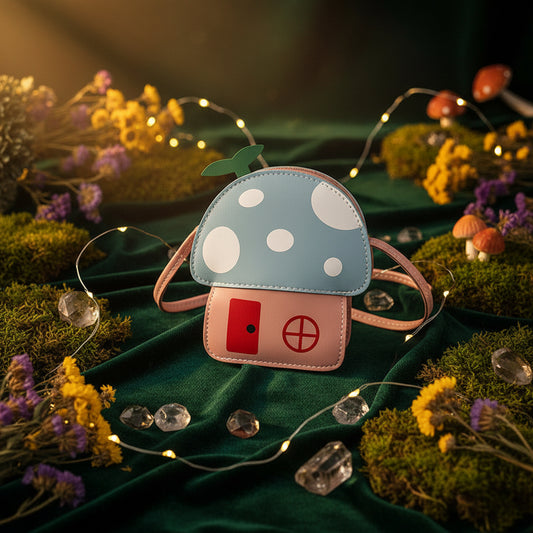 Small pouch shaped like a mushroom with a red label on a light surface