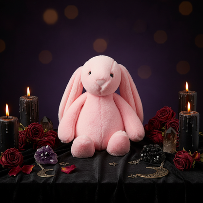 Pink plush bunny sitting on a beige chair in a room with decorative elements.