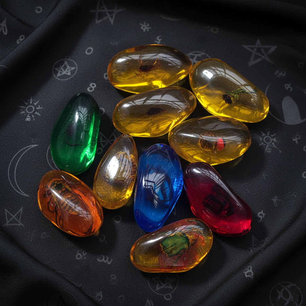 Colorful resin stones with embedded insects on a white background