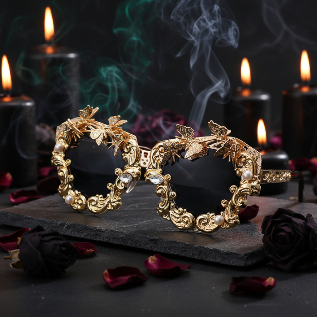 Gold-framed sunglasses with black lenses on a newspaper background