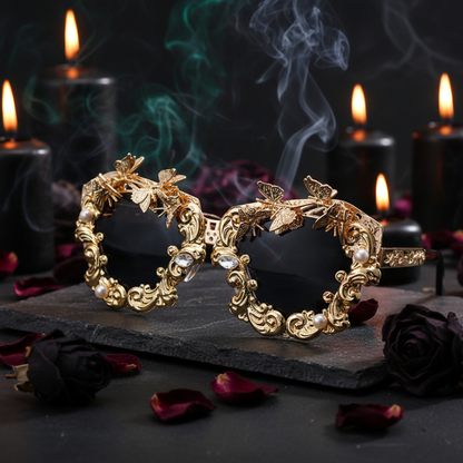 Gold-framed sunglasses with black lenses on a newspaper background