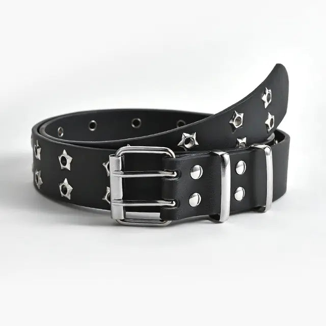 Black leather belt with silver studs and buckle on a white background