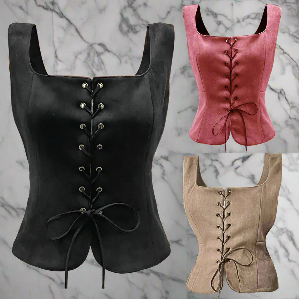 Black, pink, and beige corsets on a white background