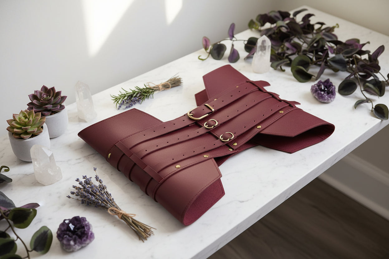 Maroon leather corset with gold buckles on a white background