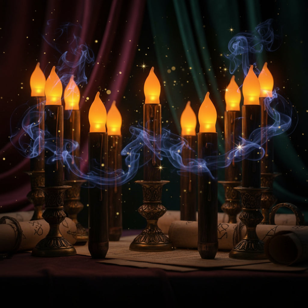 Row of decorative lights with orange bulbs on a white background