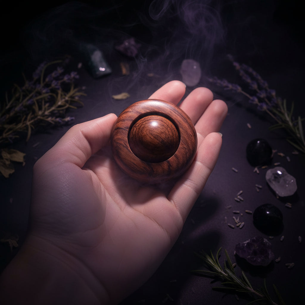 Wooden ball held in a hand with a blurred background