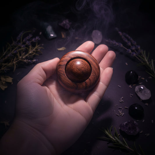 Wooden ball held in a hand with a blurred background