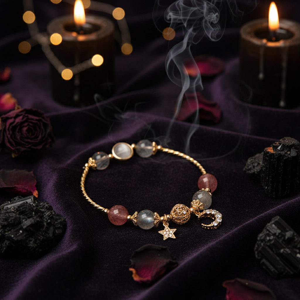 Gold bracelet with colorful beads and charms on a beige surface
