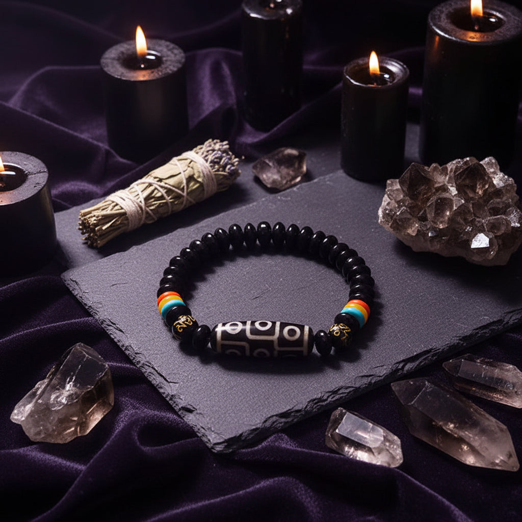 Black beaded bracelet with colorful accents on a hand