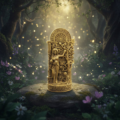 Decorative statue of a figure with intricate designs on a natural background