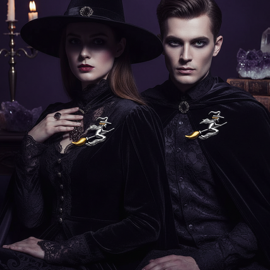Two people in dark, formal attire with a mystical setting.