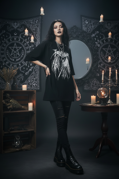 Person wearing a black t-shirt with white graphic design and text.
