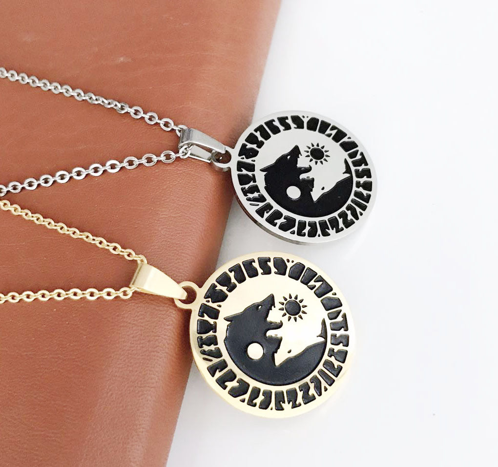 Viking Wolf Head Sun Necklace in Stainless Steel