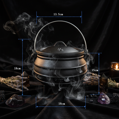 Black cast iron pot with dimensions marked on a white background