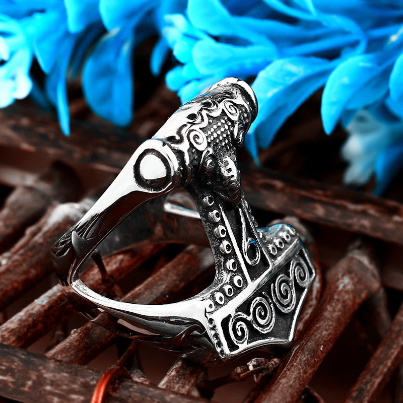 Viking Ring with Thor's Hammer in Titanium Steel