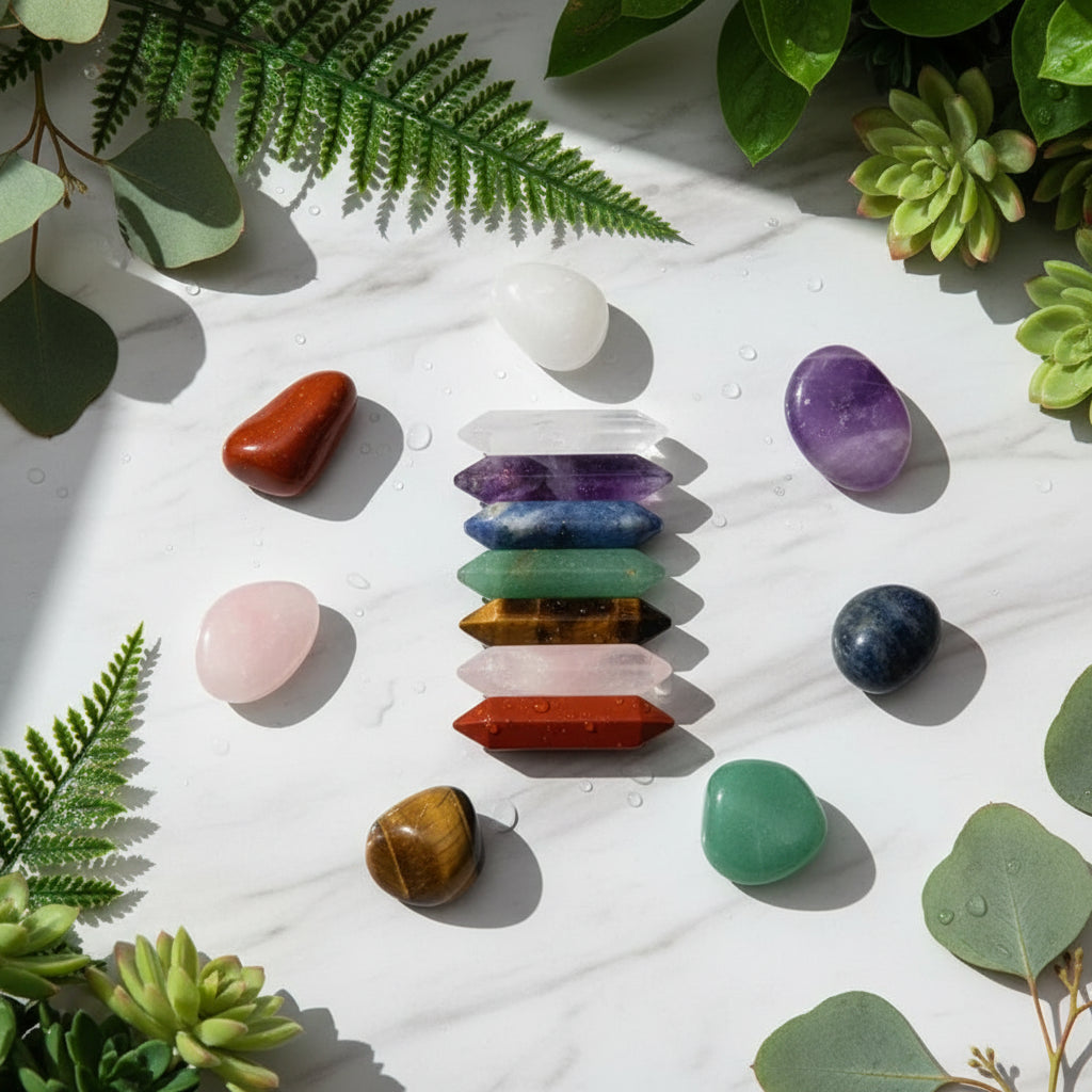 Set of colorful crystals on a white background