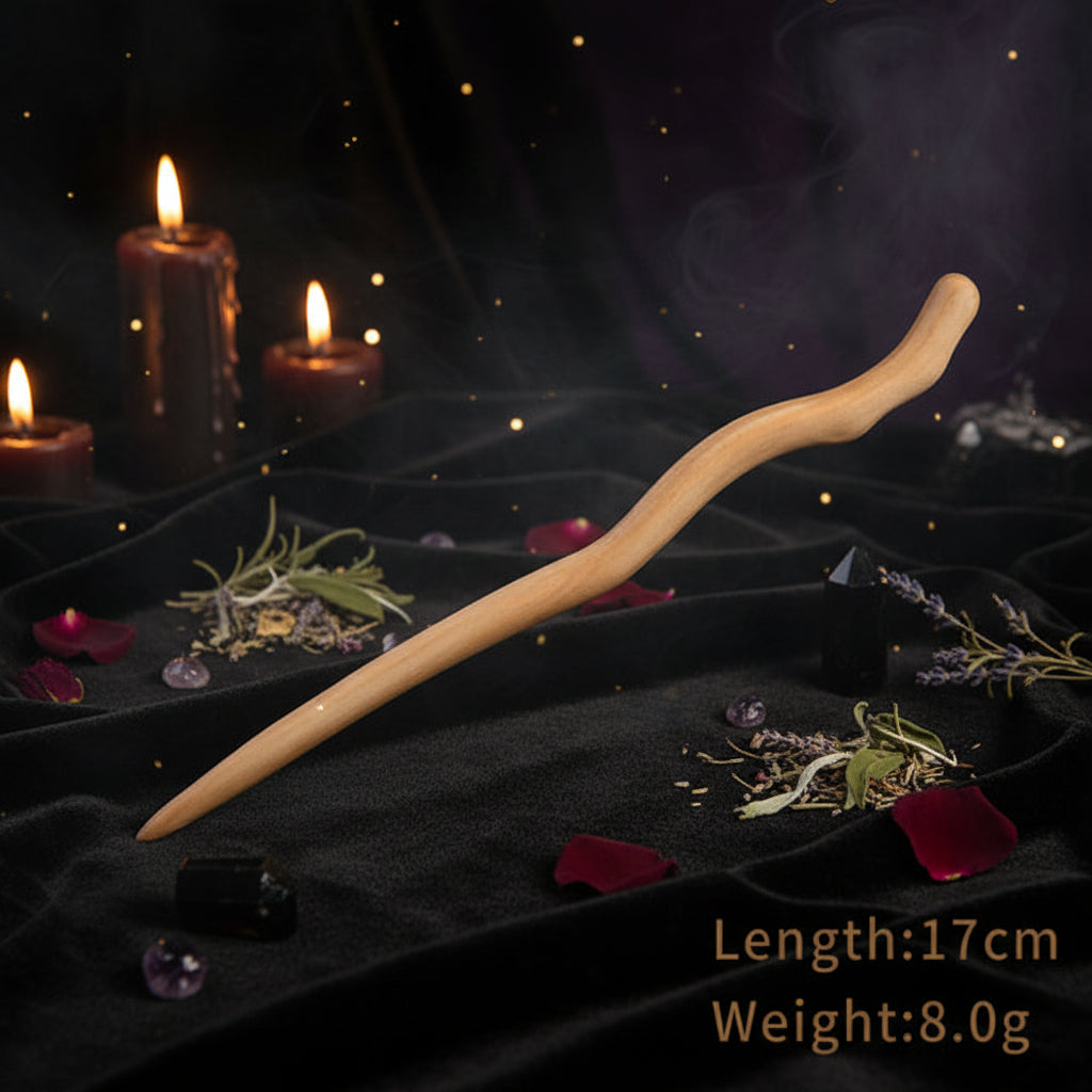 Wooden hair stick on a white stand with product details on a light background
