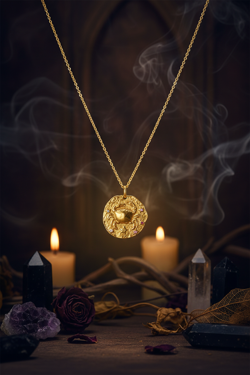 Gold necklace with a round pendant on a white background