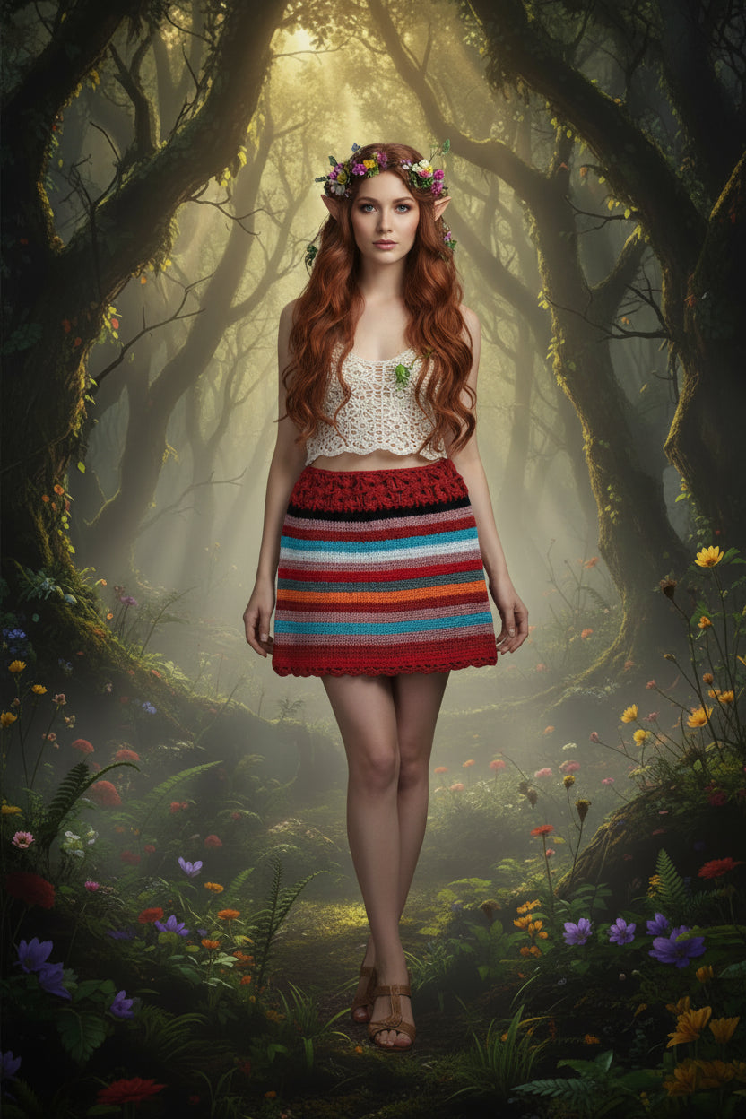 Colorful striped crochet skirt on a wooden surface