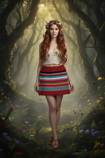Colorful striped crochet skirt on a wooden surface