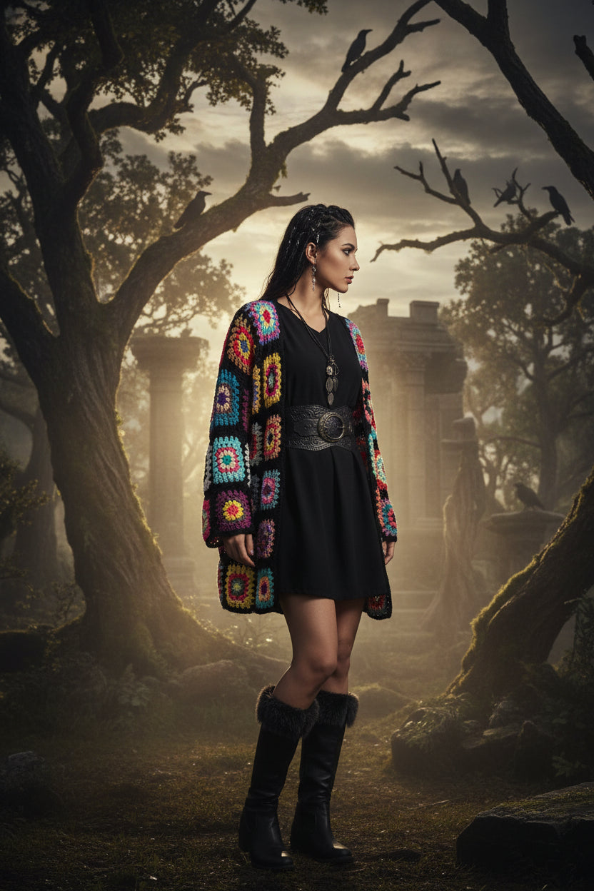 Person wearing a colorful crochet dress in a park setting
