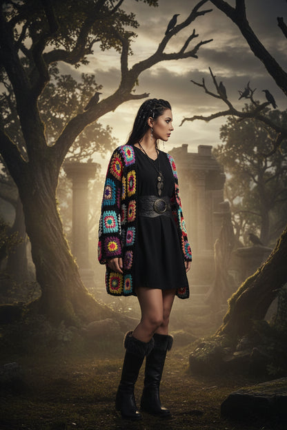 Person wearing a colorful crochet dress in a park setting