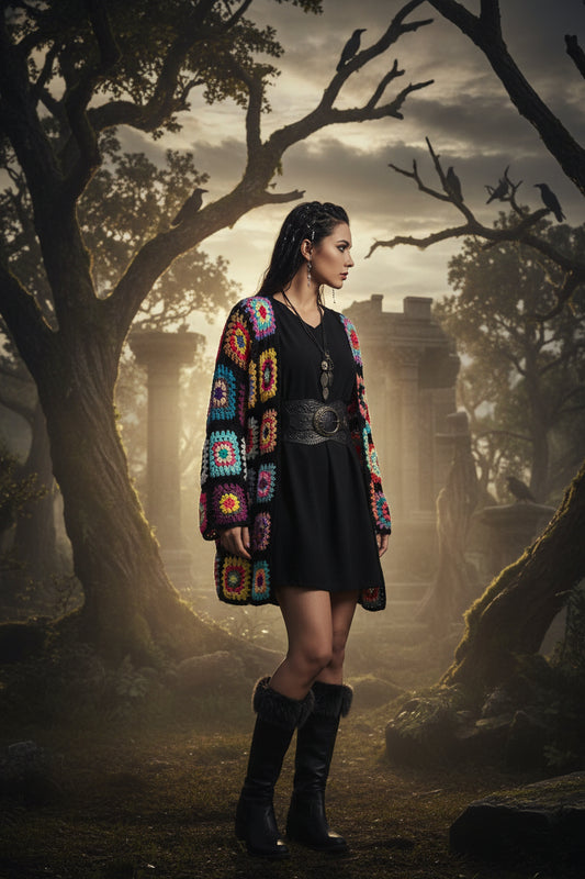 Person wearing a colorful crochet dress in a park setting