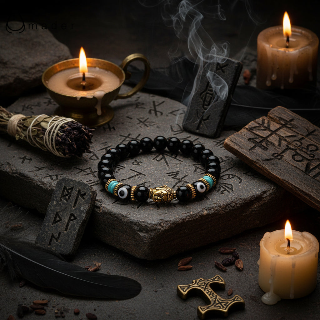 Black beaded bracelet with gold Buddha head and eye-shaped beads on a gray background