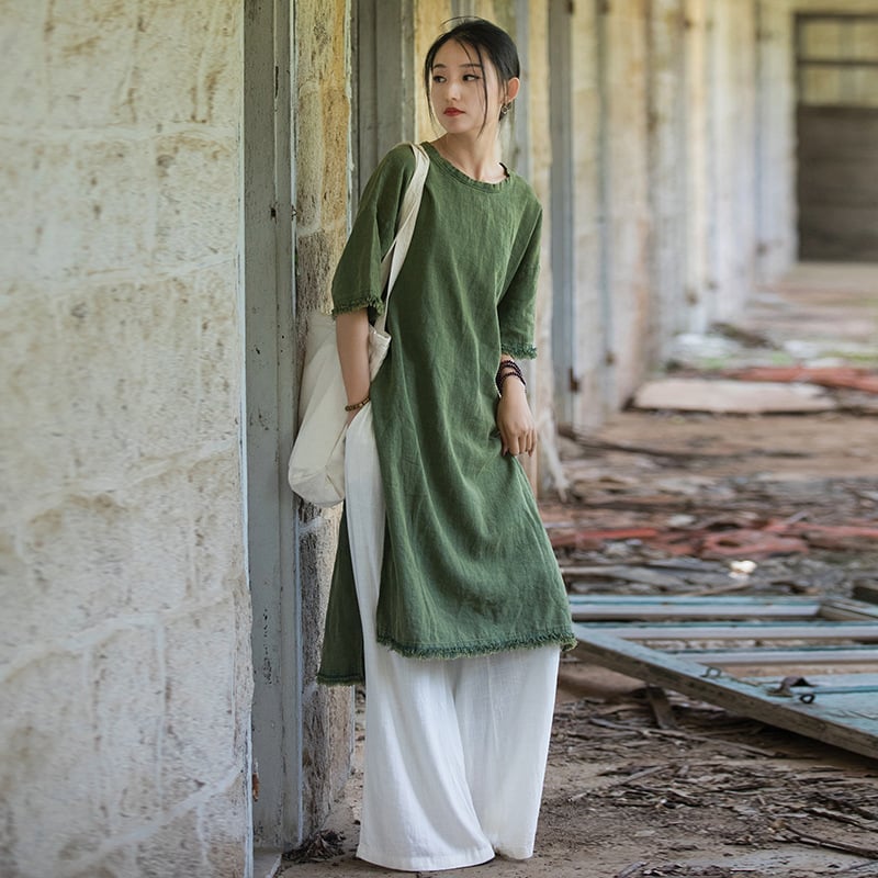 Ramie Sand Fried Zen Robe Half-Length Sleeve Dress